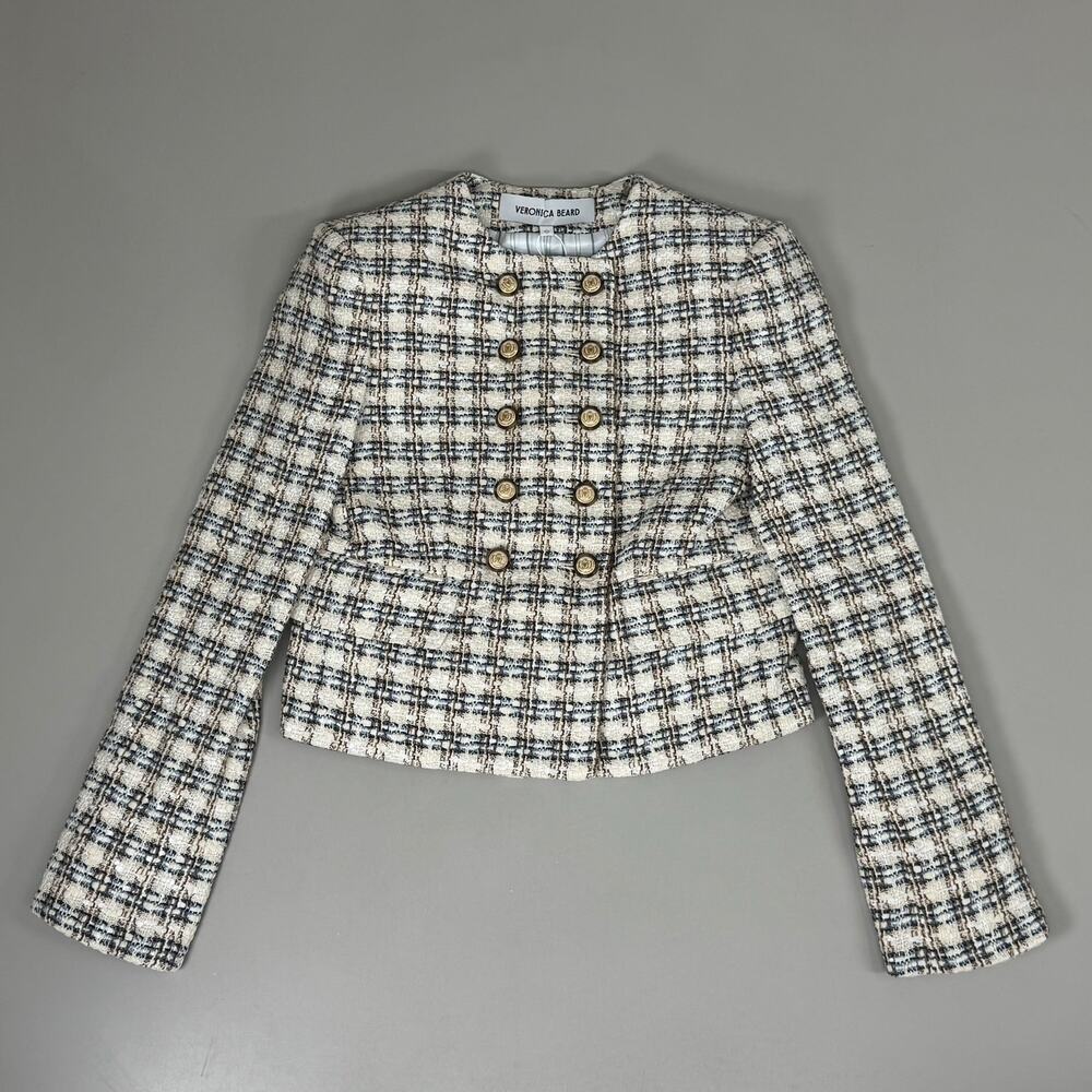 Veronica Beard Cream & Navy Tweed Double-Row Button Jacket